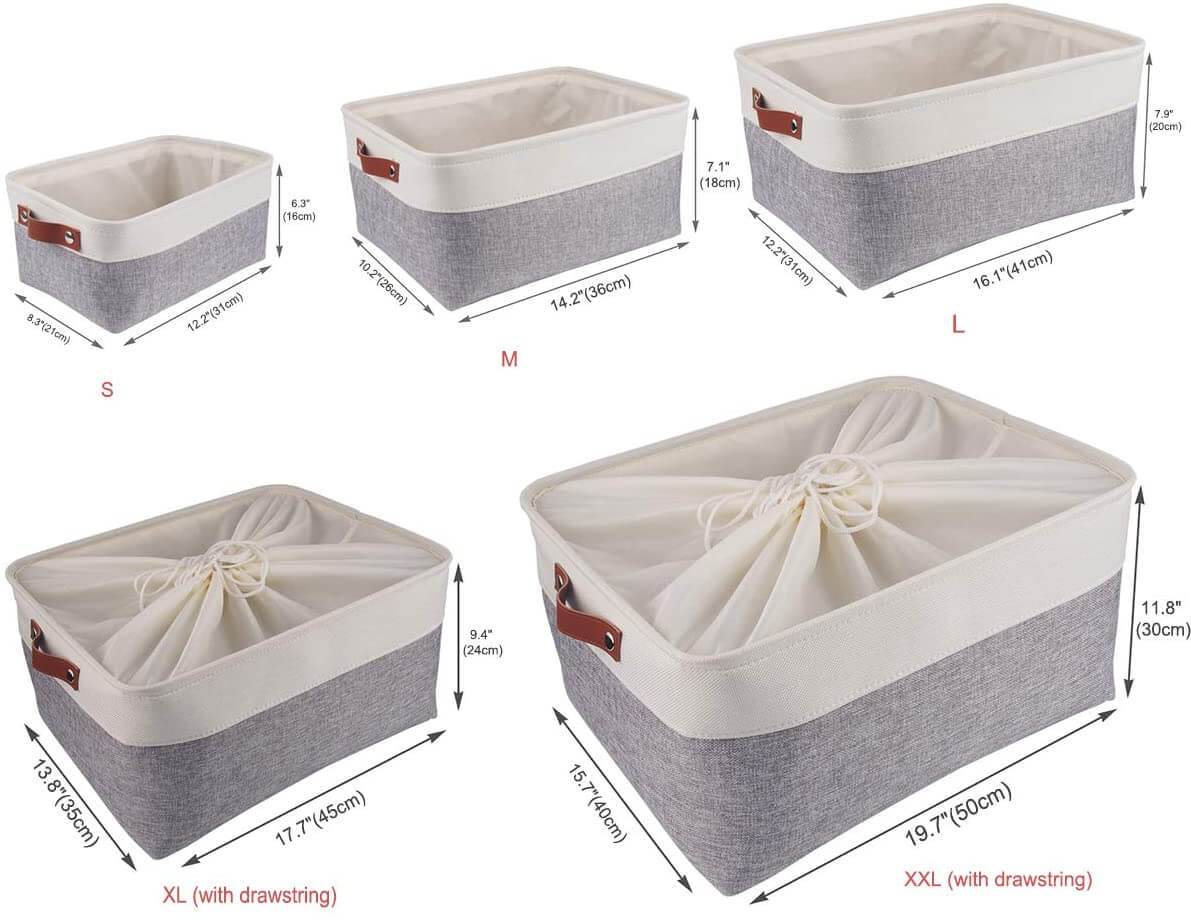 Collapsible Storage Basket | Durable Linen & Leather Handles | Grey & White