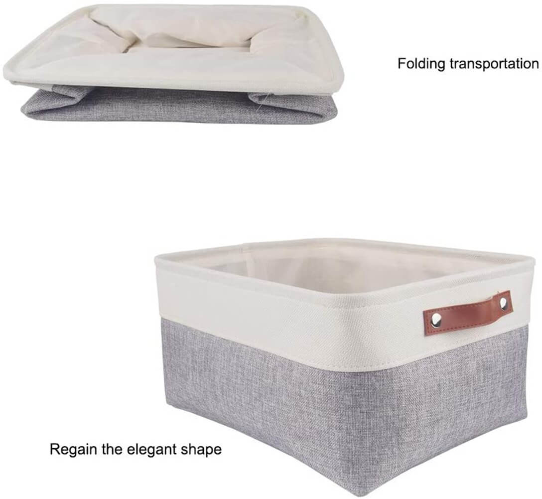 Collapsible Storage Basket | Durable Linen & Leather Handles | Grey & White