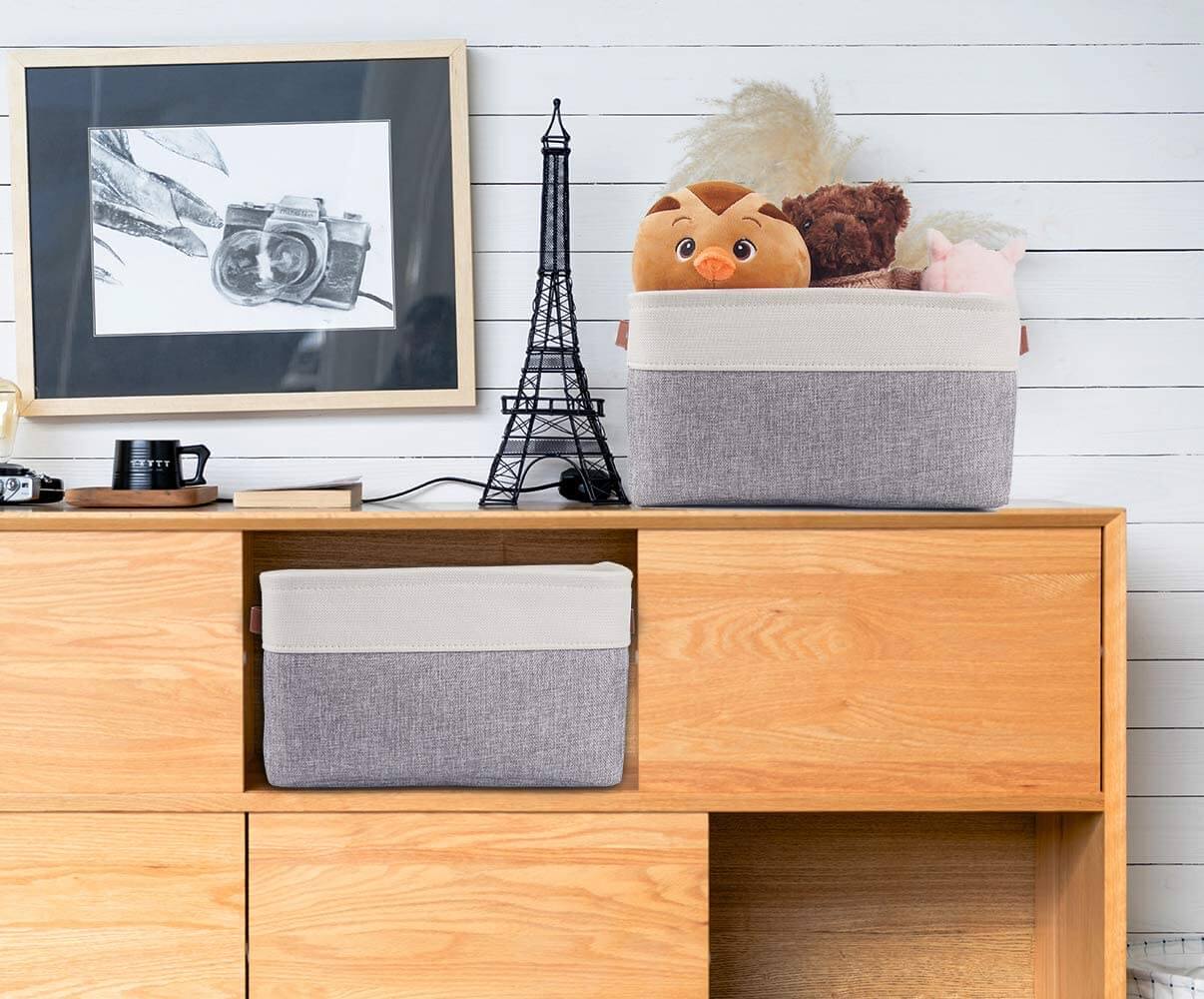 Collapsible Storage Basket | Durable Linen & Leather Handles | Grey & White