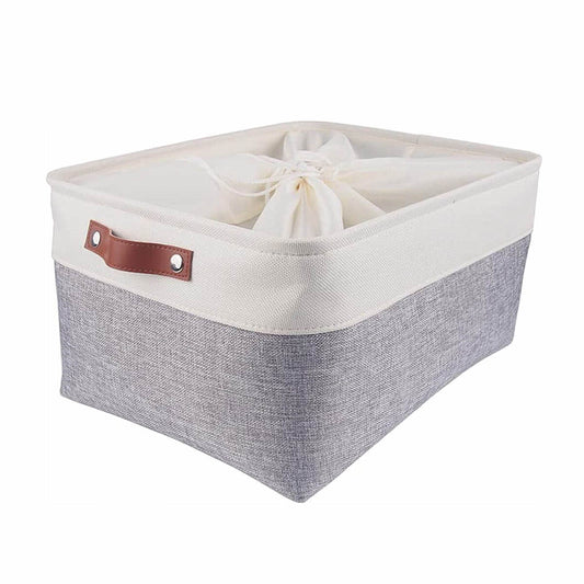 Collapsible Storage Basket | Durable Linen & Leather Handles | Grey & White