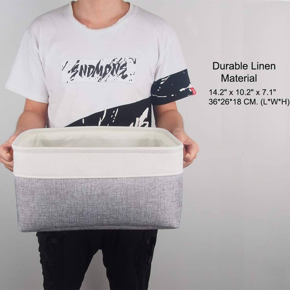 Collapsible Storage Basket | Durable Linen & Leather Handles | Grey & White