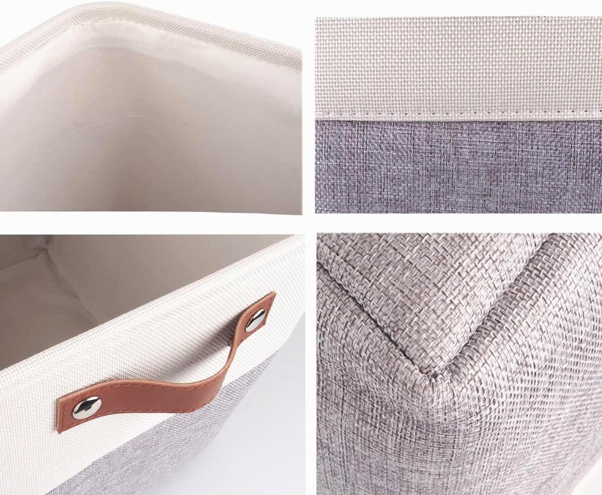 Collapsible Storage Basket | Durable Linen & Leather Handles | Grey & White