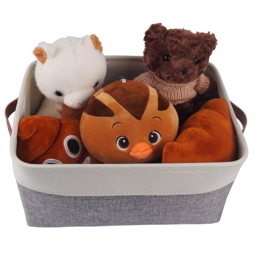 Collapsible Storage Basket | Durable Linen & Leather Handles | Grey & White
