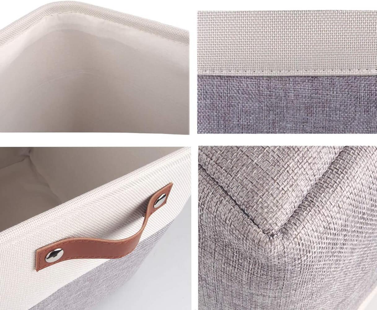 Collapsible Storage Basket | Durable Linen & Leather Handles | Grey & White