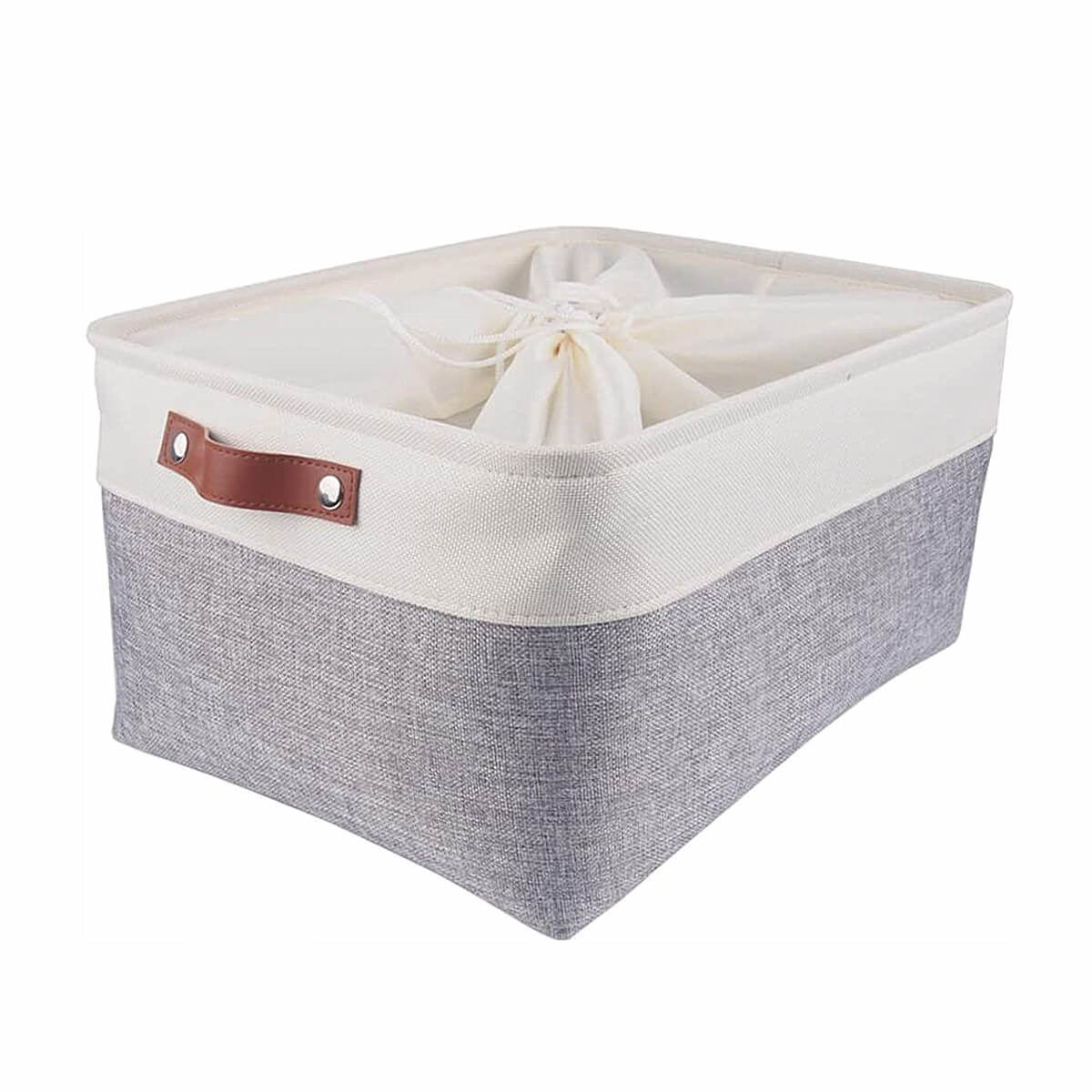 Collapsible Storage Basket | Durable Linen & Leather Handles | Grey & White