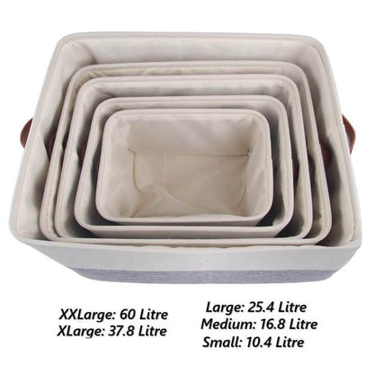 Collapsible Storage Basket | Durable Linen & Leather Handles | Grey & White