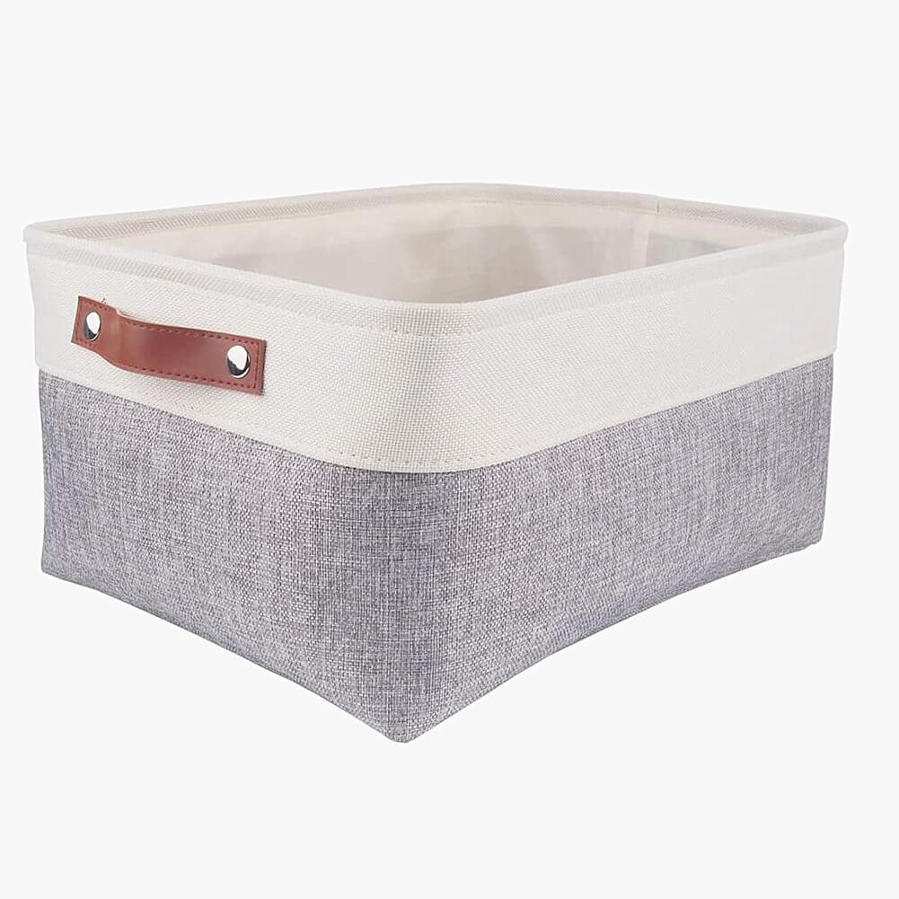 Collapsible Storage Basket | Durable Linen & Leather Handles | Grey & White