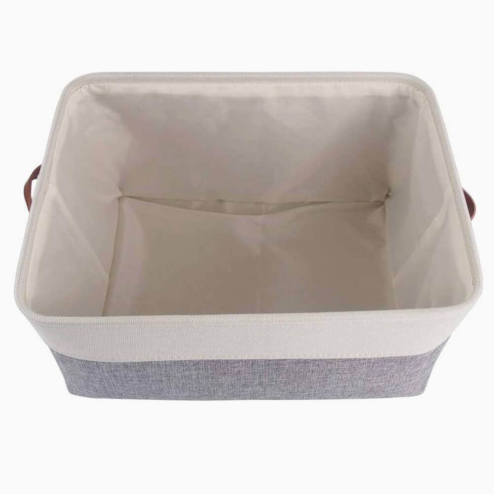 Collapsible Storage Basket | Durable Linen & Leather Handles | Grey & White