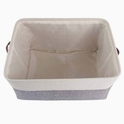 Collapsible Storage Basket | Durable Linen & Leather Handles | Grey & White