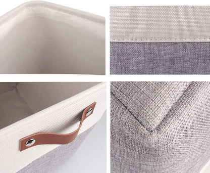 Collapsible Storage Basket | Durable Linen & Leather Handles | Grey & White