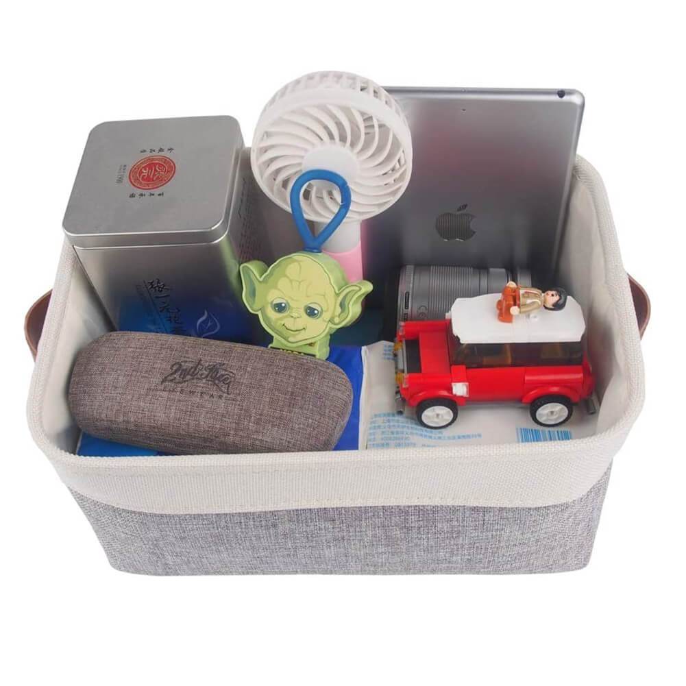 Collapsible Storage Basket | Durable Linen & Leather Handles | Grey & White
