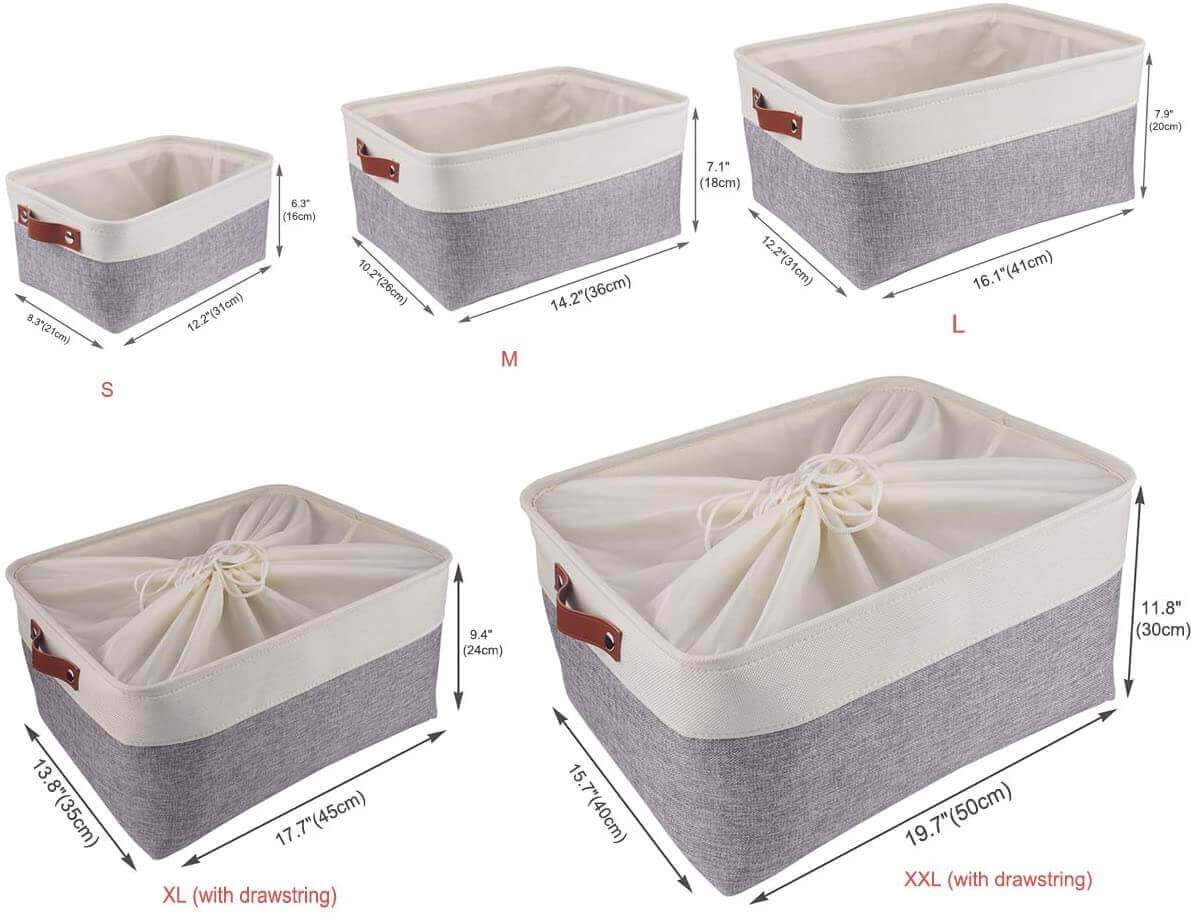 Collapsible Storage Basket | Durable Linen & Leather Handles | Grey & White