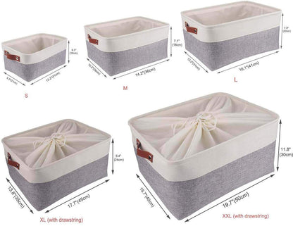 Collapsible Storage Basket | Durable Linen & Leather Handles | Grey & White