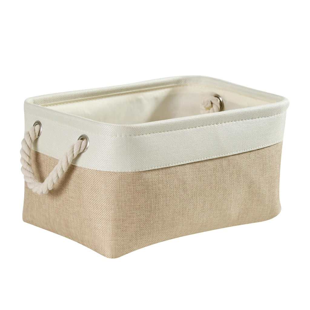 Fabric Storage Baskets | White & Khaki Rope Handles | Set of 5