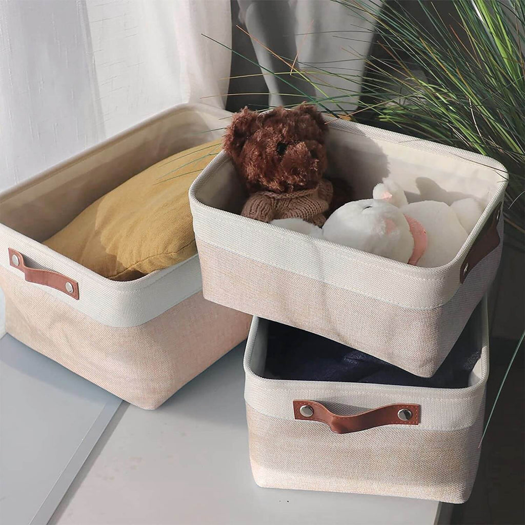 Fabric Storage Boxes | Collapsible with Leather Handles | Set of 3, White & Khaki