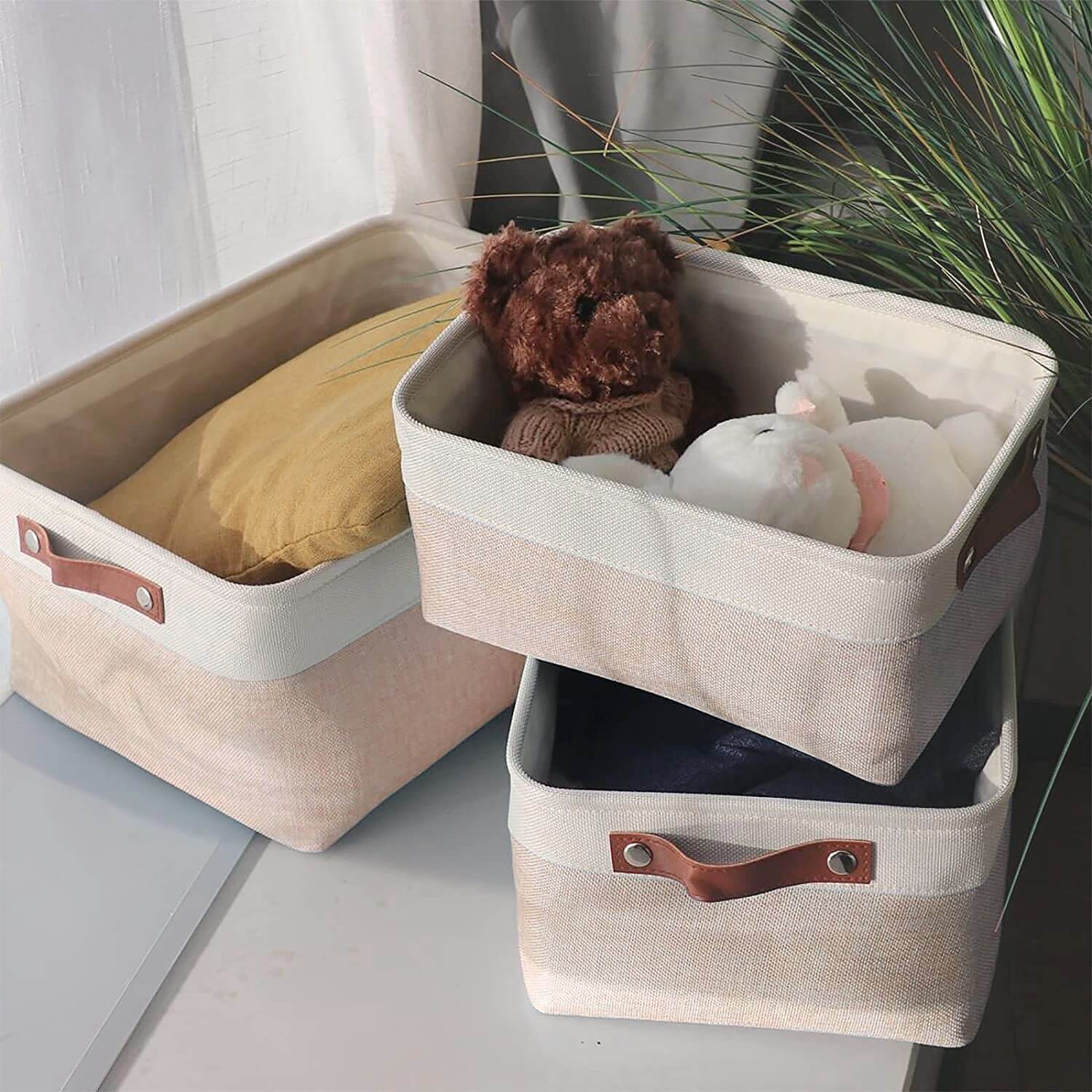 Fabric Storage Boxes | Collapsible with Leather Handles | Set of 3, White & Khaki