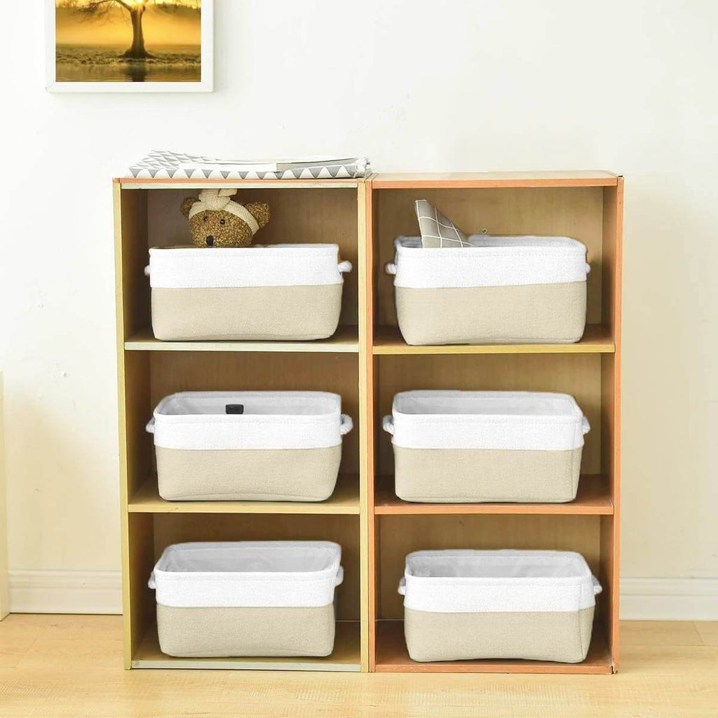 Fabric Storage Baskets | White & Khaki Rope Handles | Set of 5