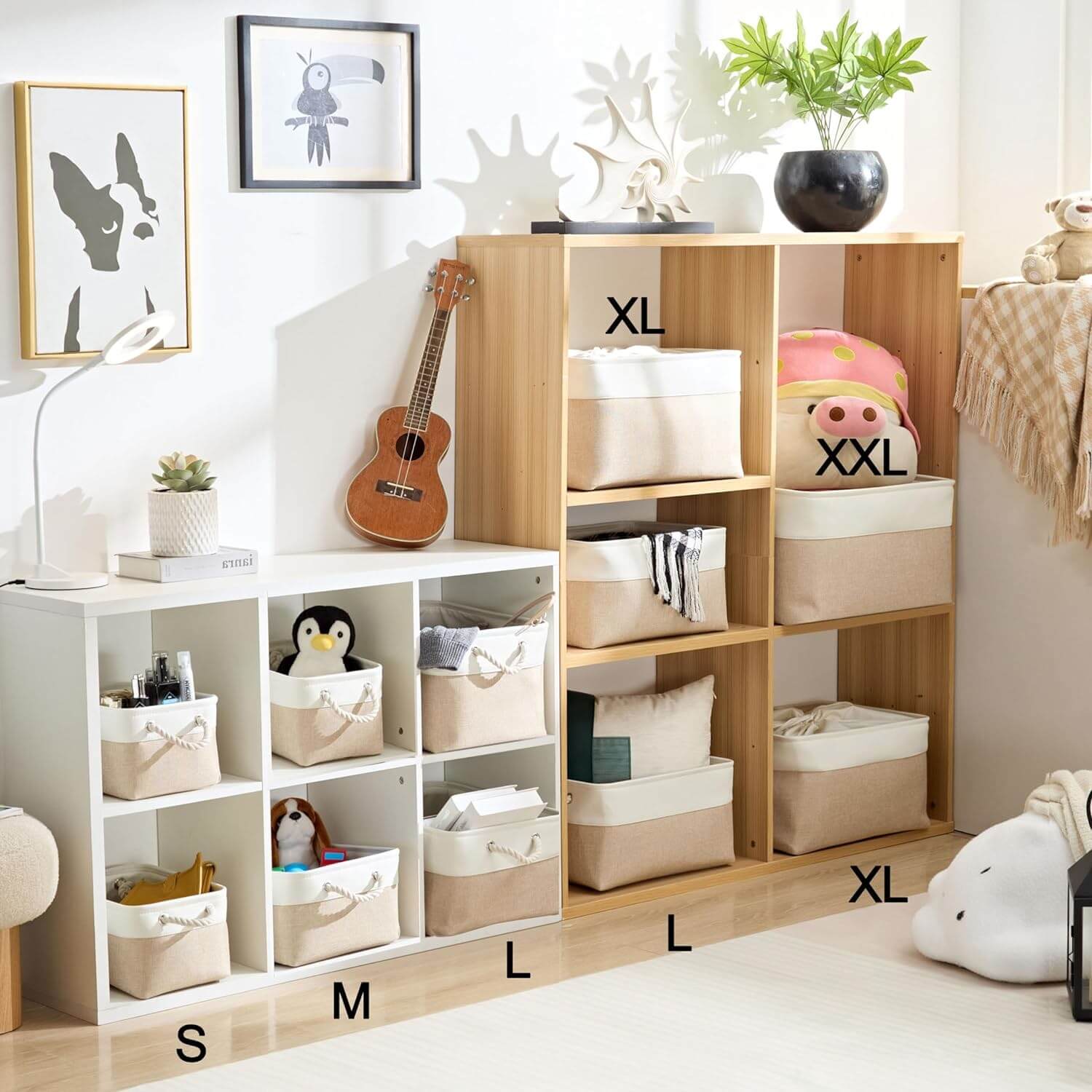 Fabric Storage Baskets | White & Khaki Rope Handles | Set of 5