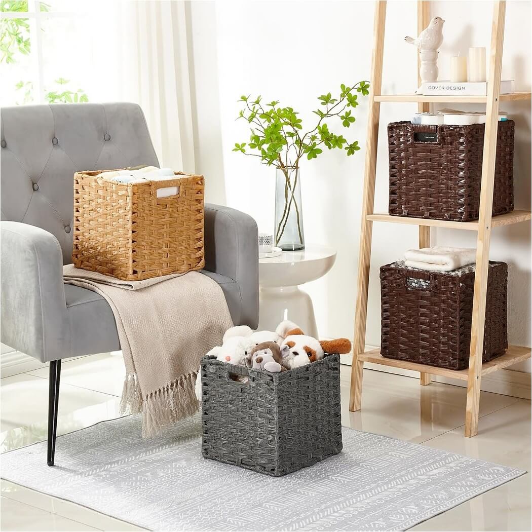 Hand-Woven Polyrattan Storage Cube | Waterproof & Anti-Mould | Set of 2, Popcorn Beige